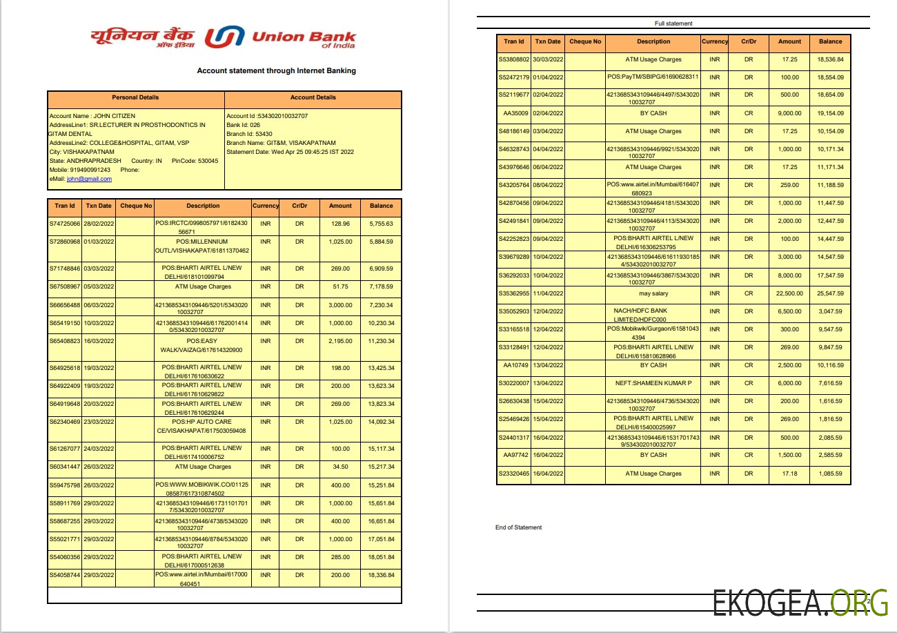 Relevé bancaire de l'India Union Bank of India, 2 pages